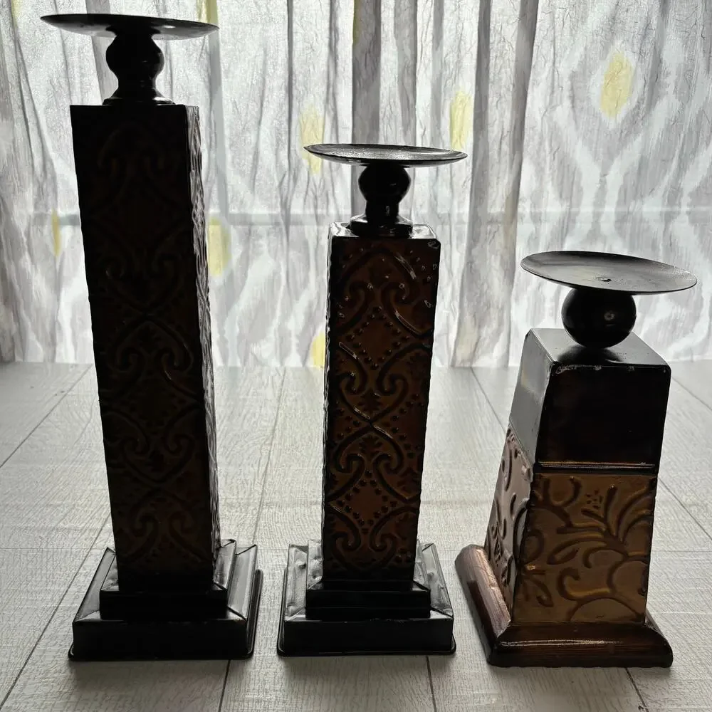 Rustic Metal Candle Holder Set of 3 Embossed Copper Finish